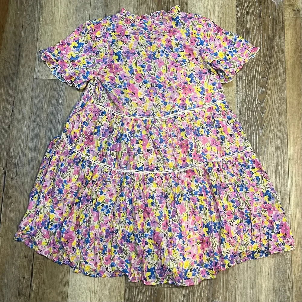 Sundance Pink Floral Ruffle Tiered Fairy Mini Dress M Preppy Girly Shabby Chic - Picture 4 of 5